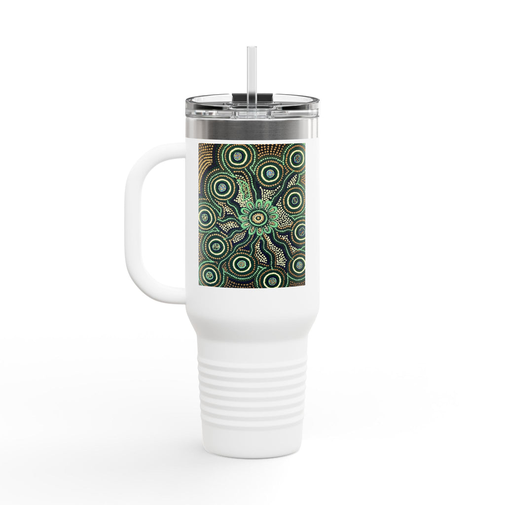 40oz Insulated Travel Mug — Green Mandala Dot Art