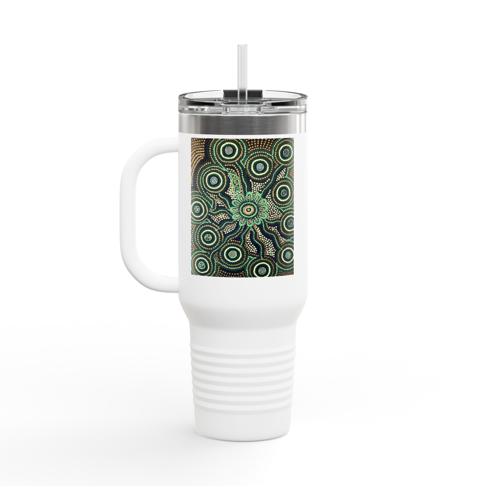 40oz Insulated Travel Mug — Green Mandala Dot Art