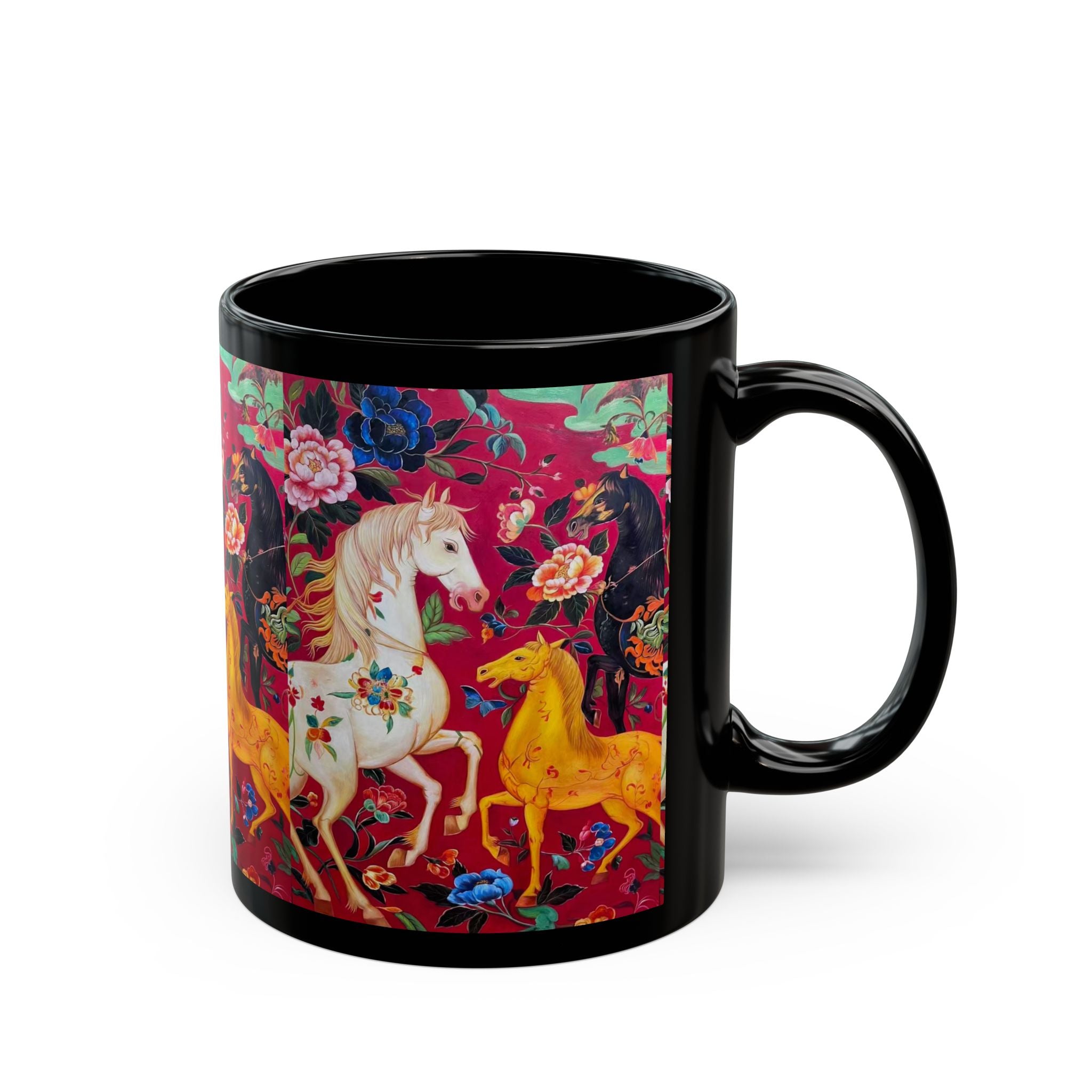 Magical Floral Horses Black Coffee Mug (11oz, 15oz)