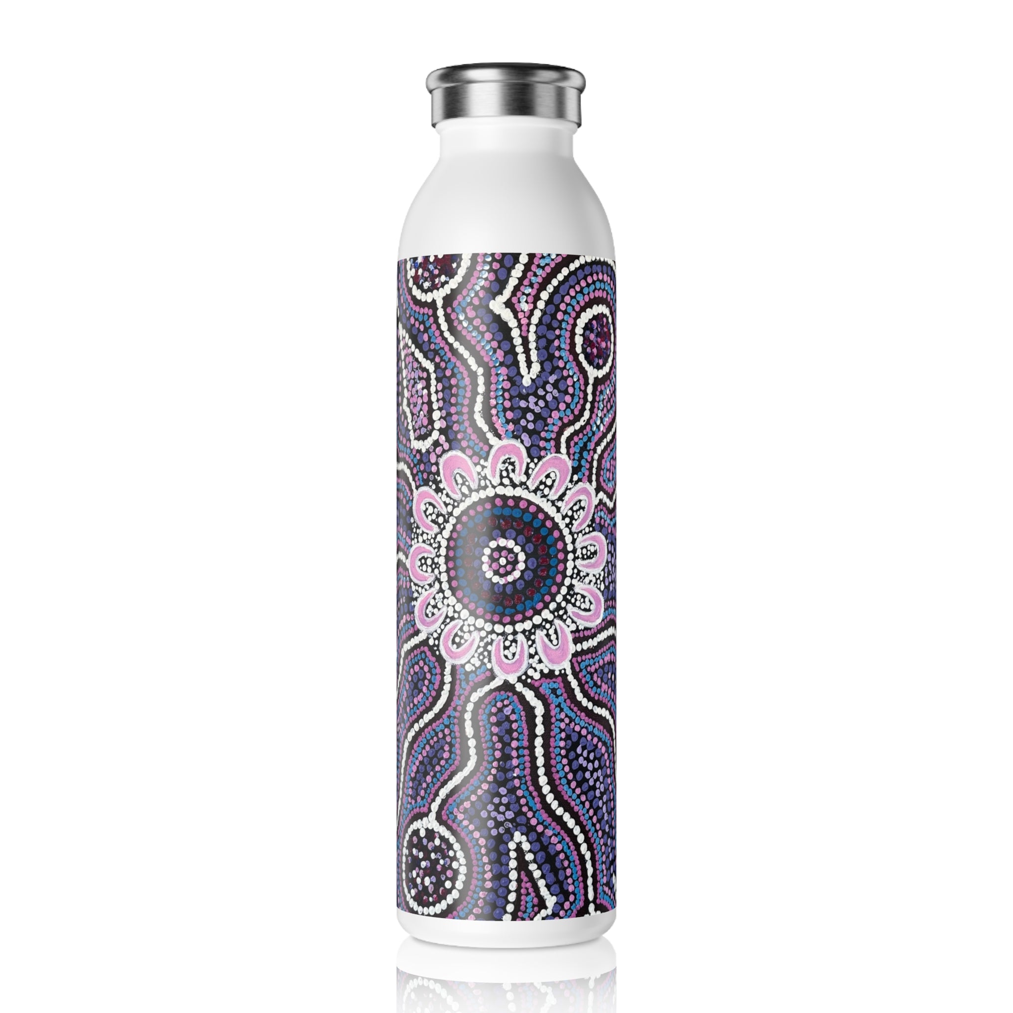 Slim Water Bottle — Purple Aboriginal Dot Art Pattern Stainless Steel Bottle