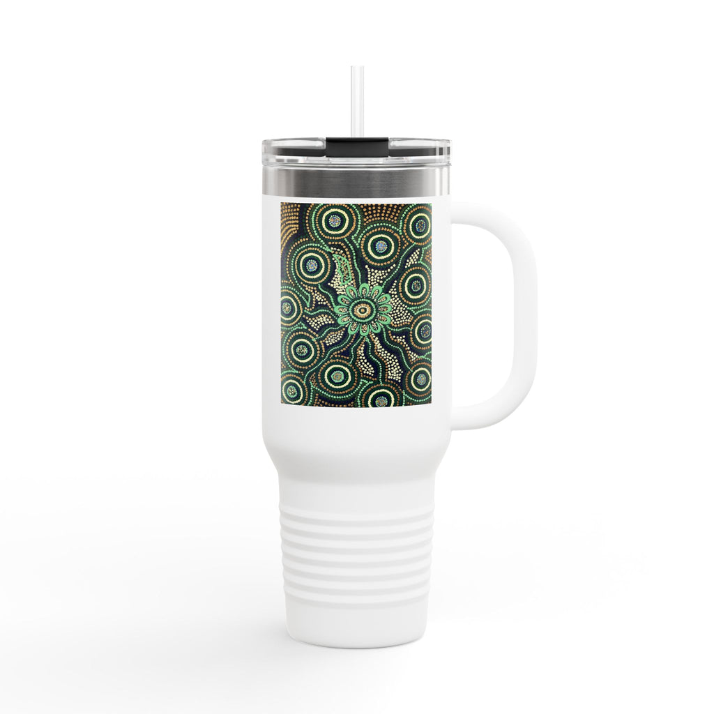 40oz Insulated Travel Mug — Green Mandala Dot Art