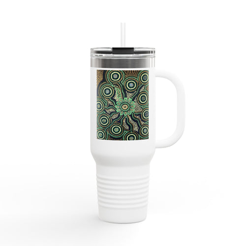40oz Insulated Travel Mug — Green Mandala Dot Art