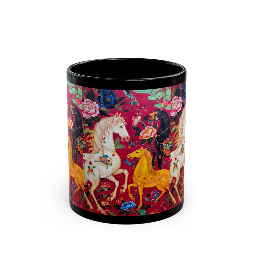 Magical Floral Horses Black Coffee Mug (11oz, 15oz)