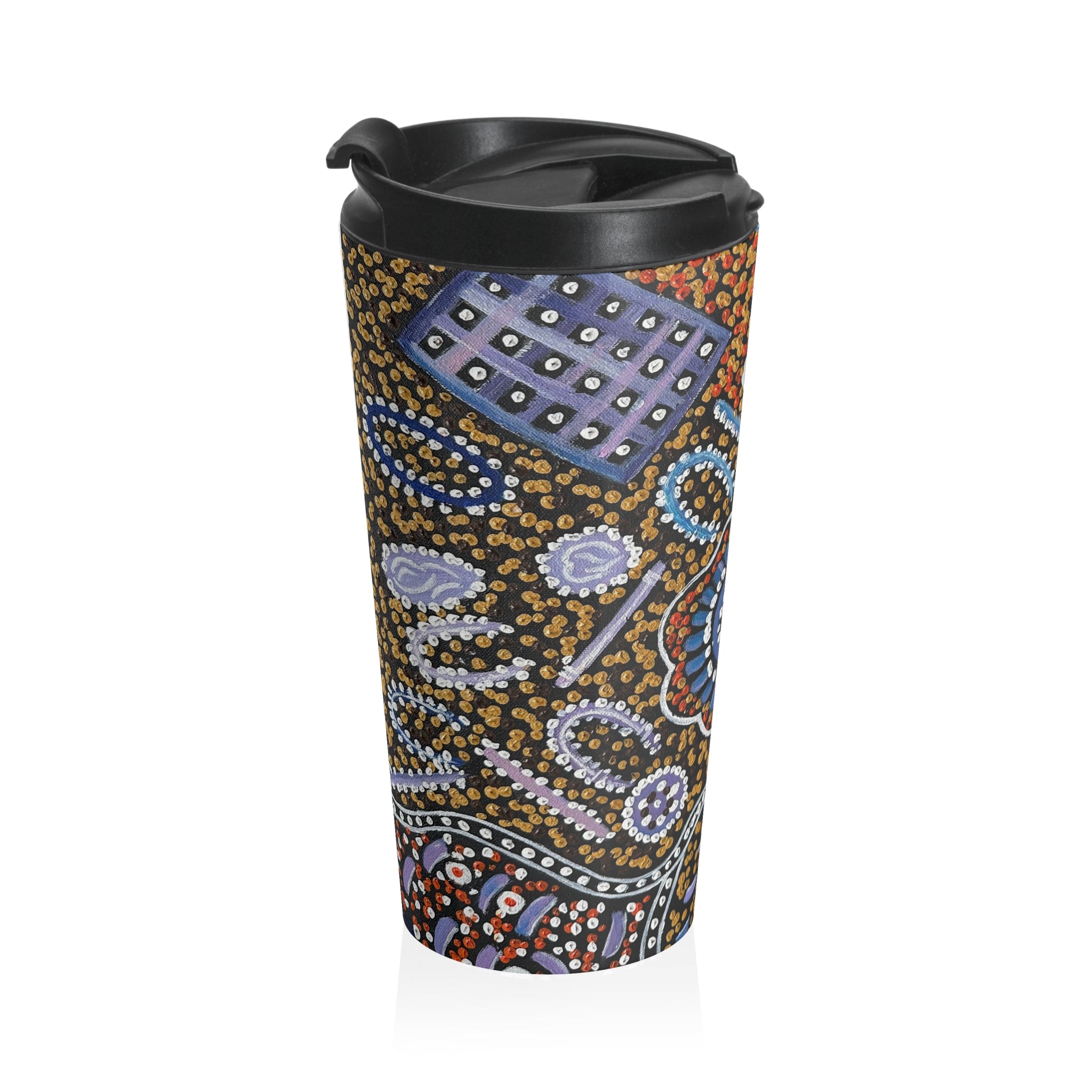 Floral Dot Pattern Stainless Steel Travel Mug — Boho Indigo Aboriginal-Inspired Design