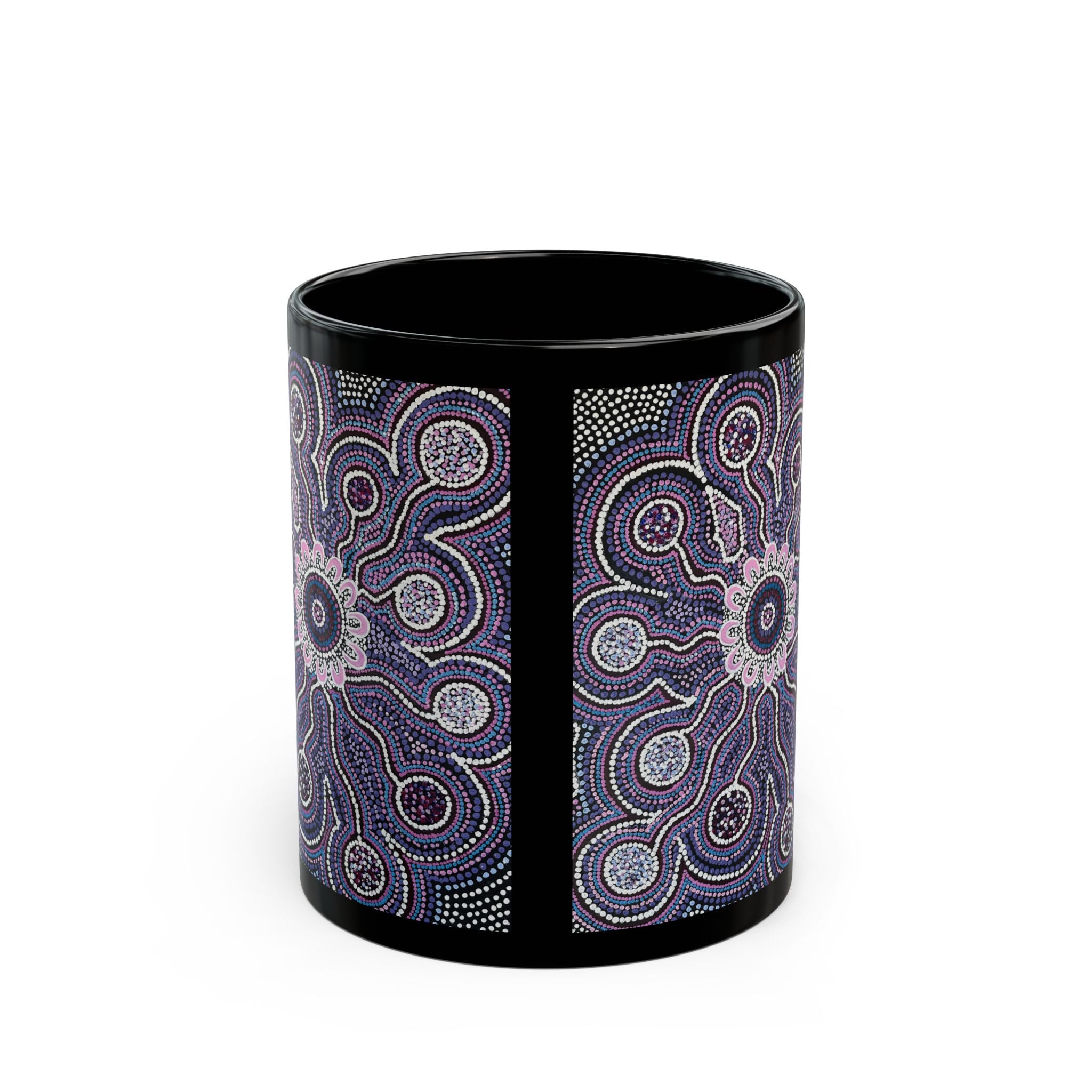 Indigenous Dot Art Black Coffee Mug — Purple Mandala 11oz & 15oz