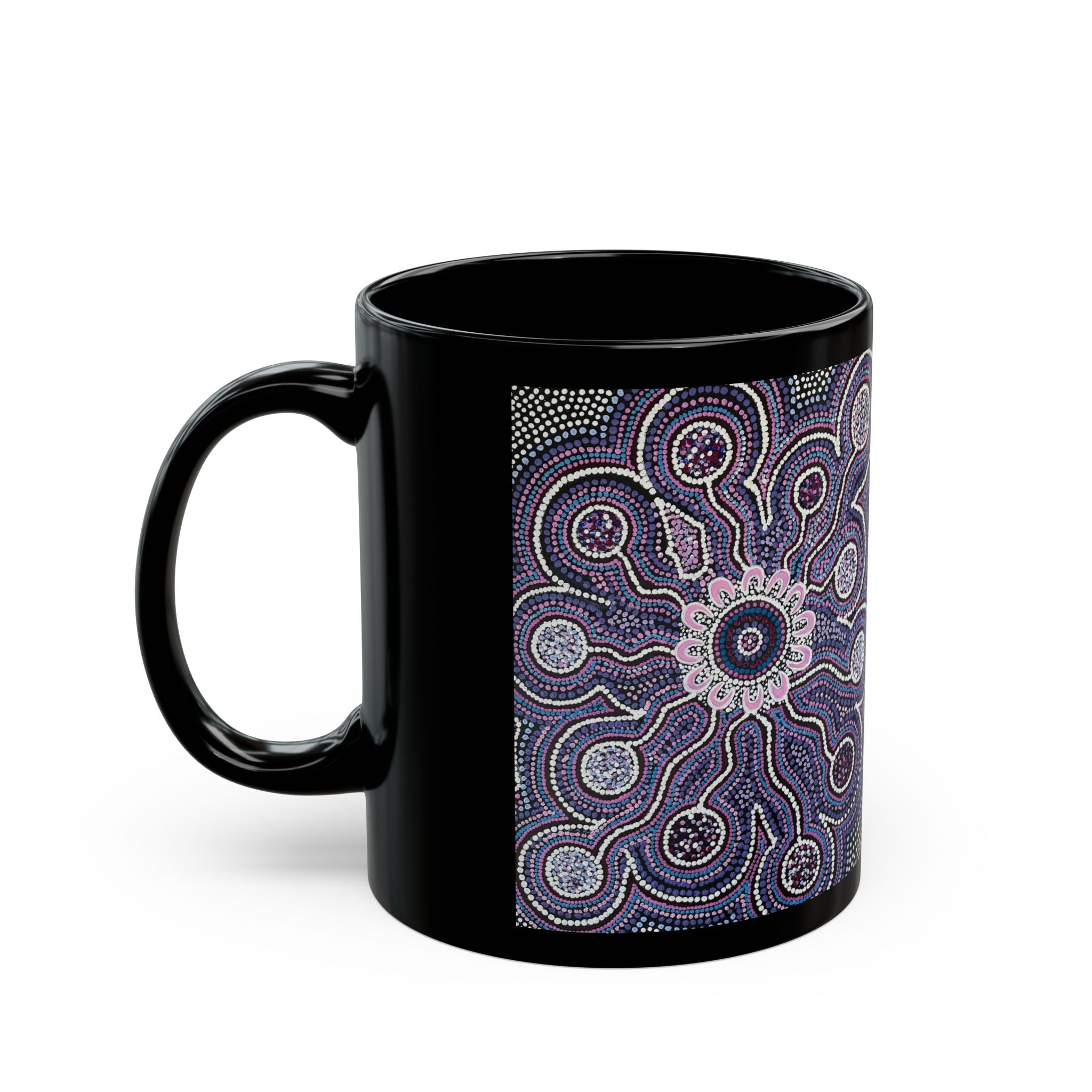 Indigenous Dot Art Black Coffee Mug — Purple Mandala 11oz & 15oz